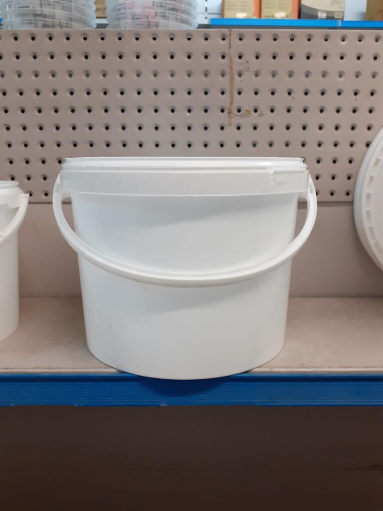 reuseble, strong plastic bucket, this bucket is made froma plastic that the fibreglass and resin will not stick to. the bucket can be used with solvents including acetone, the lid can be replaced with acetone in it the lid stops it evaporating