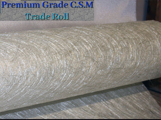 fibreglass chopped strand matting, Also known as csm is the reinforcement used to create a laminate, it is the reinforcement part of the term G.R.P. This shows a roll of chopped strand, it can be by the metre as seen here, by the roll, this is a 600g grade and has approx. 54sqm on a full roll, most trade people buy a roll as it is far more economical. the most popular c.s.m is 450g and 600g, it can be used in multiple layers, it is often used with polyester resin.