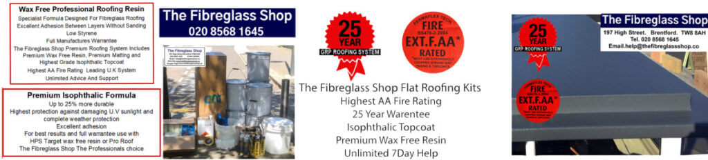fibreglass flat roofing materials are available in your area either by going into our shop or using our delivery service, Roofing resin is not the same as general purpose resin or resin A, our roofing resin is wax free to give the best adhesion, the topcoat is an Isophthalic base, our fibreglass flat roofing kits are excellent value, our fibreglass flat roofing products have a AA fire certificate and a 25 year warrantee, the image shows a full fibreglass roofing kit, our fibreglass flat roofing kits can be made up of the items you need giving great value, the grp roof has been completed using osb3 boards fibreglass roofing trims roofing resin and roofing topcoat, this kit also has a toolkit